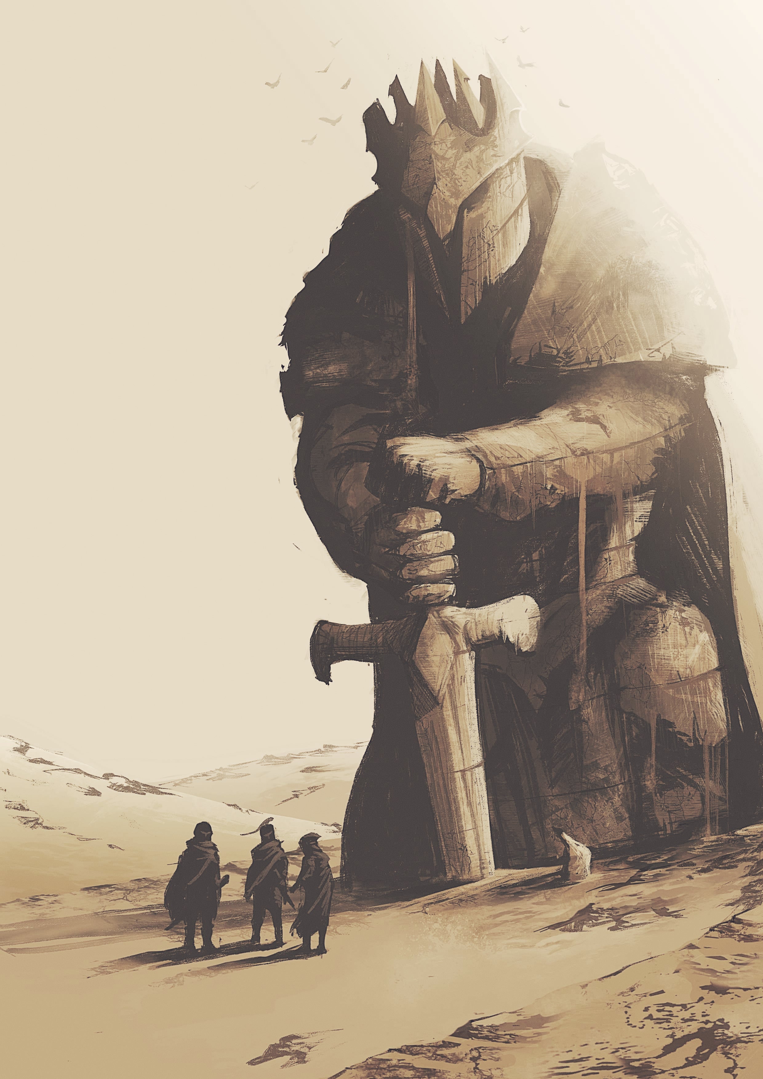 Illustration from Inevitable - a Doomed Arthurian Western tabletop roleplaying game. Showing various knights in the desert standing under a huge stone statue.