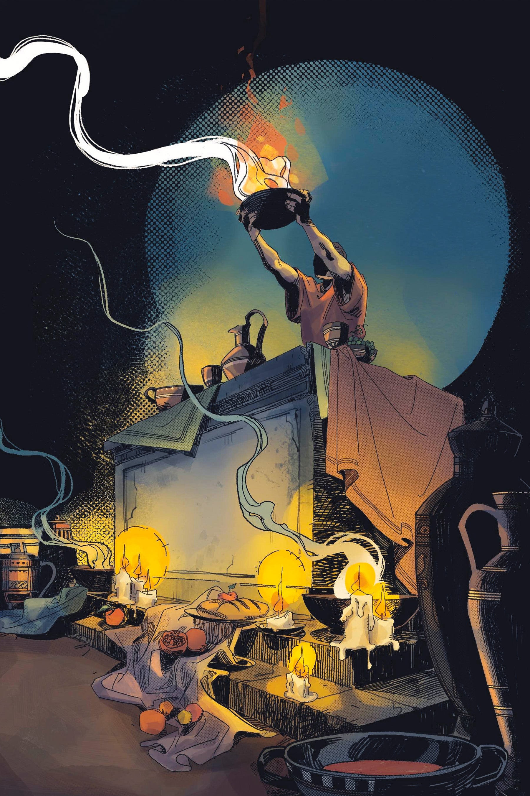 Illustration from Paint The Town Red a vampire TTRPG showing someone at an altar surrounded by candles and offerings