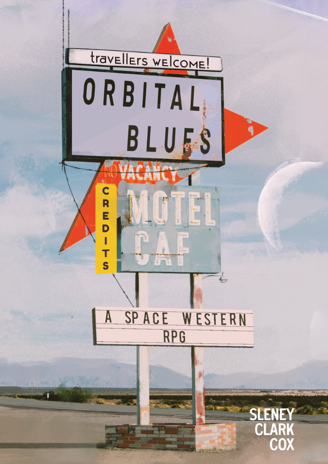 Book cover of 'Orbital Blues' with vintage sign design and space-themed elements.