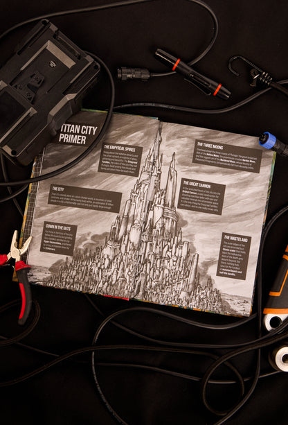 Open double page spread of Gangs of Titan City with an illustration of Titan City showing the various locations