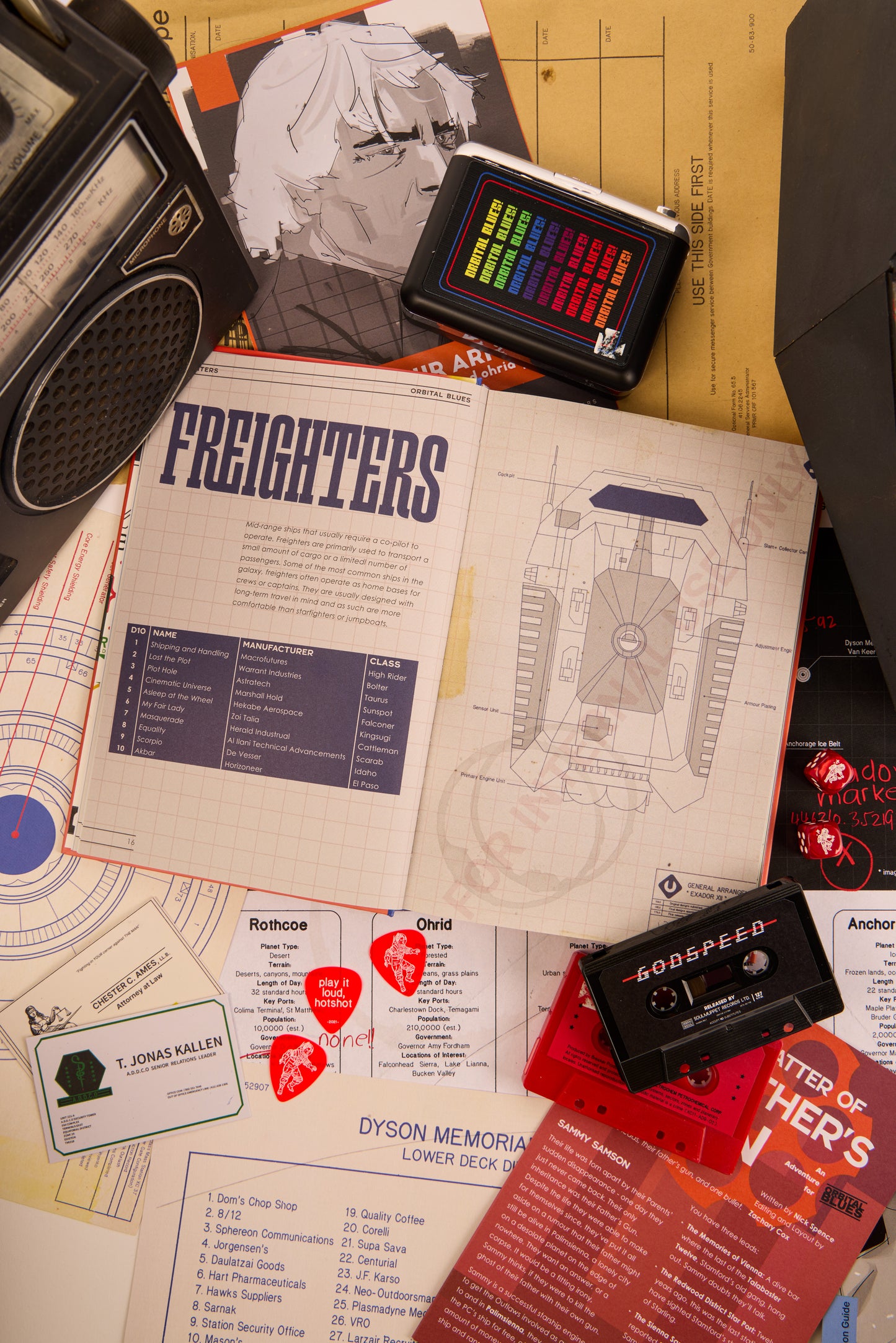 Double page spread showing "Freighters" from Afterburn surrounded by cassettes and other various items