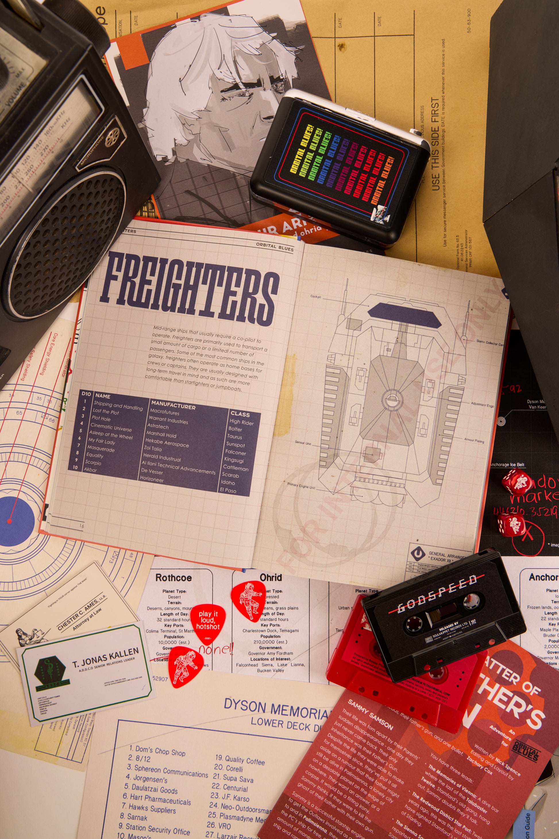 Double page spread showing "Freighters" from Afterburn surrounded by cassettes and other various items