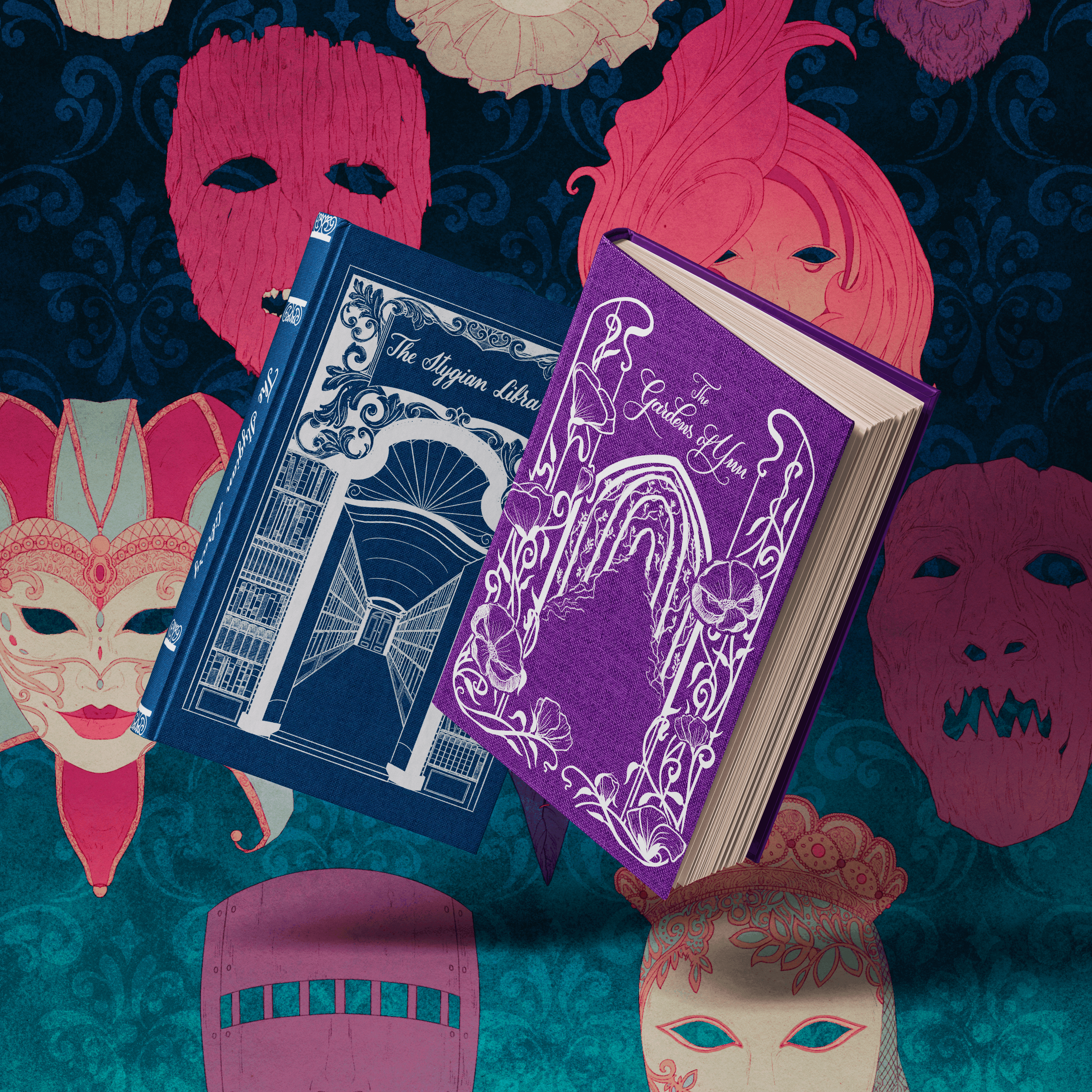 Mockups of two books titled 'The Stygian Library' and 'The Garden of Ynn' float on a colourful background with masks.